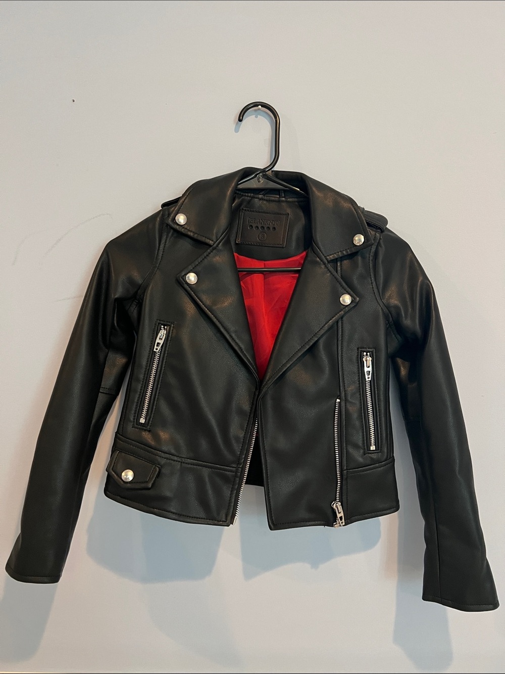 Blank NYC Black Faux Leather Biker Jacket with Red Lining